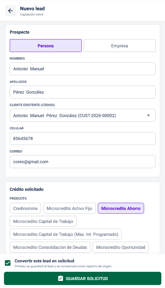 Pantalla de la aplicación móvil